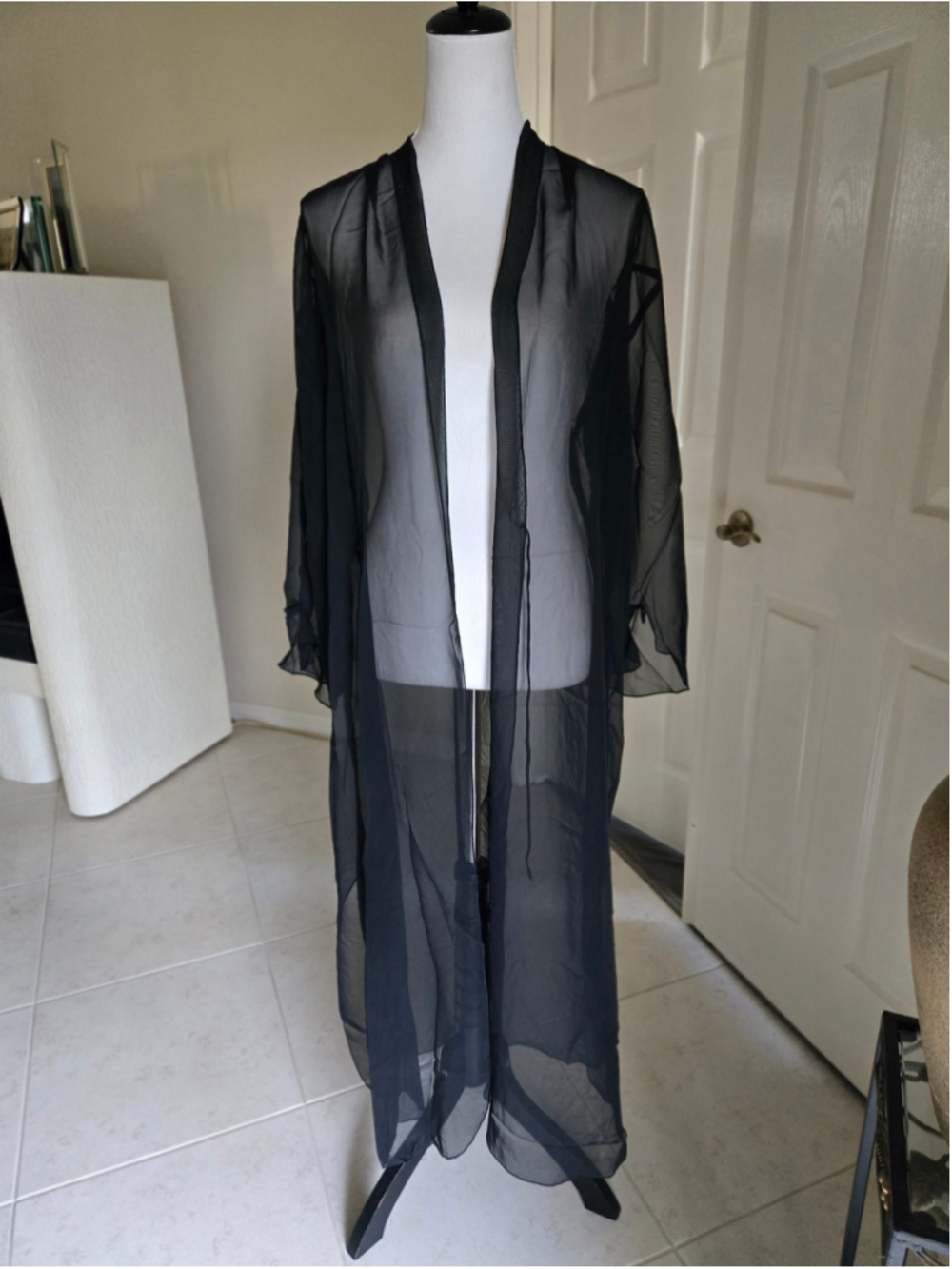 Vintage Oscar de la Renta Pink Label Black Sheer Duster Robe. Size L